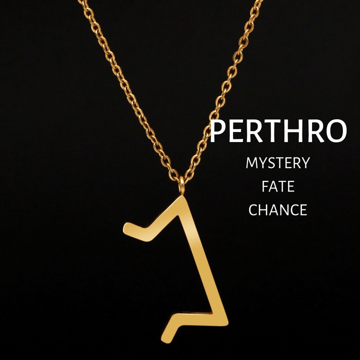 Gold-tone rune pendant necklace featuring the PERTHRO symbol on a chain