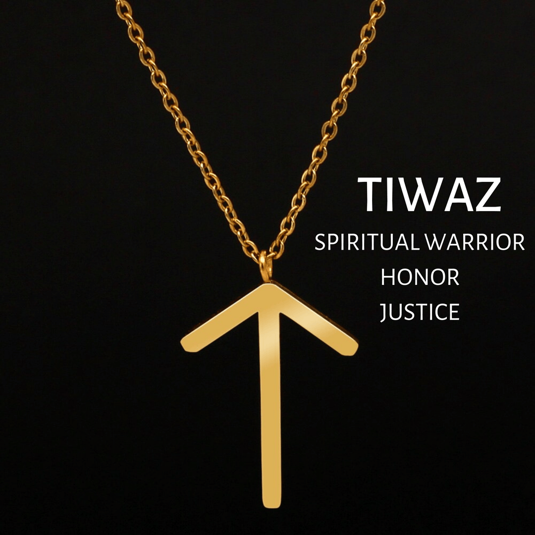 Gold-tone rune pendant necklace featuring the TIWAZ symbol on a chain