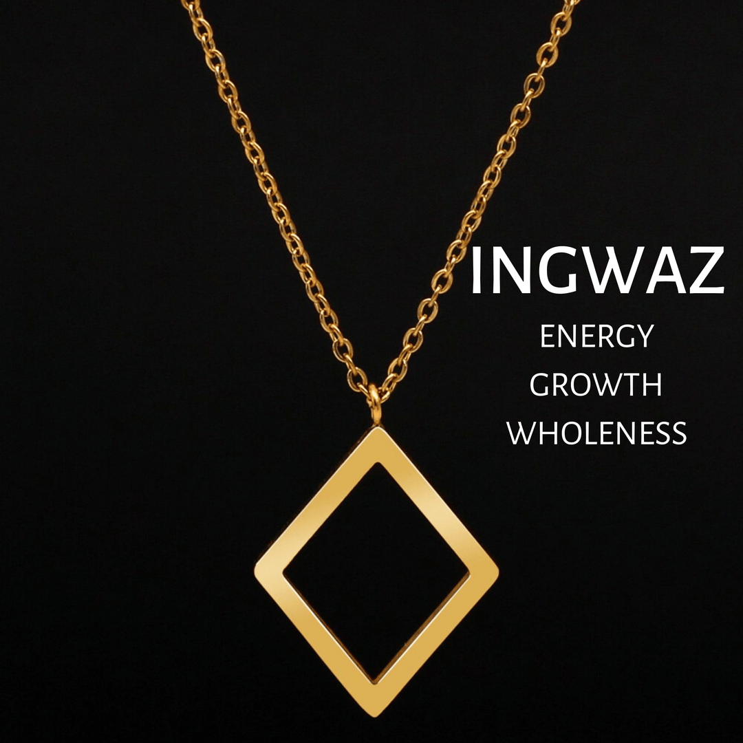 Gold INGWAZ rune pendant necklace with link chain and clasp