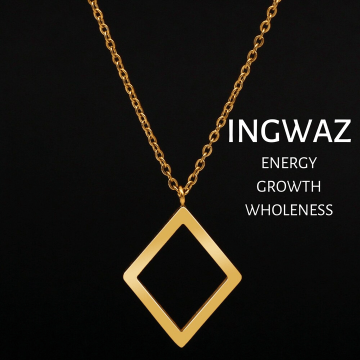 Gold INGWAZ rune pendant necklace with link chain and clasp