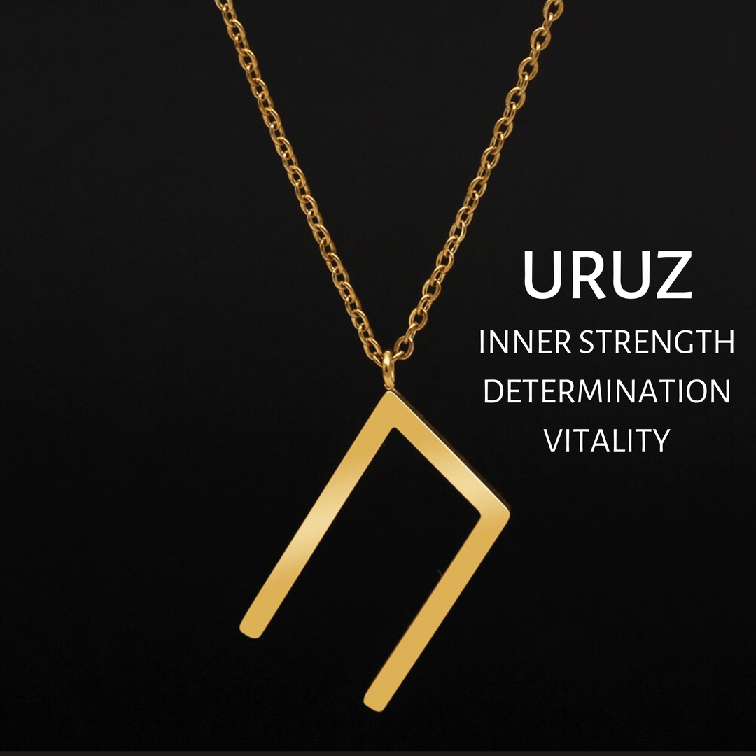 Gold URUZ rune pendant necklace with link chain and clasp