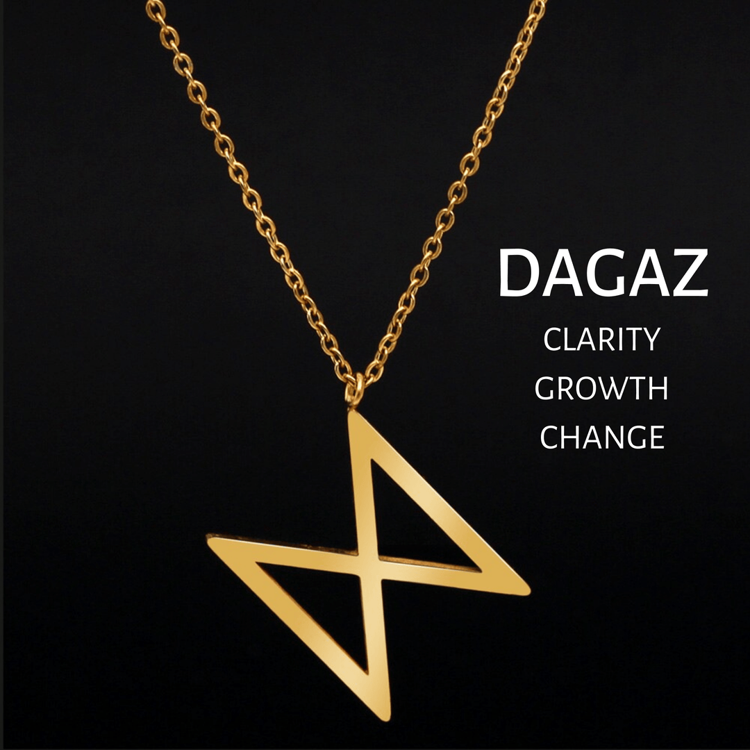 Gold rune pendant necklace with DAGAZ lightning symbol on a chain