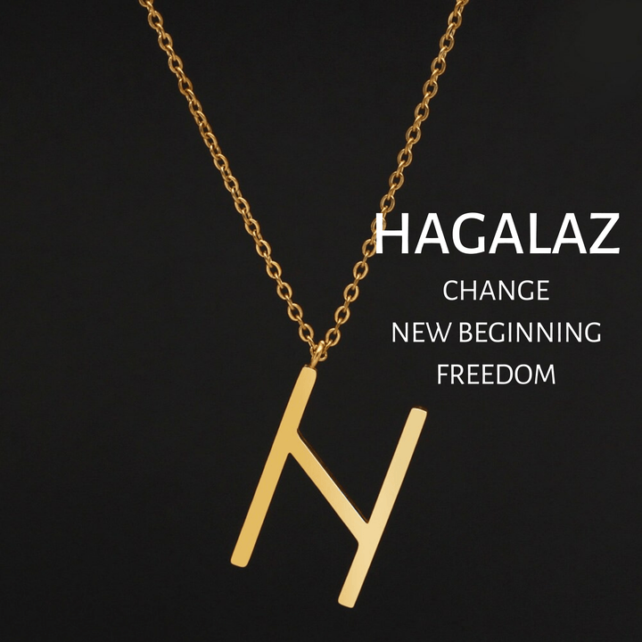 Gold HAGALAZ rune pendant necklace with link chain and clasp