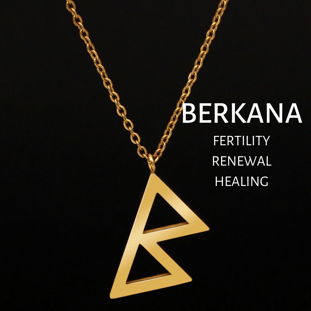 Gold-tone rune pendant necklace featuring the BERKANA symbol on a chain
