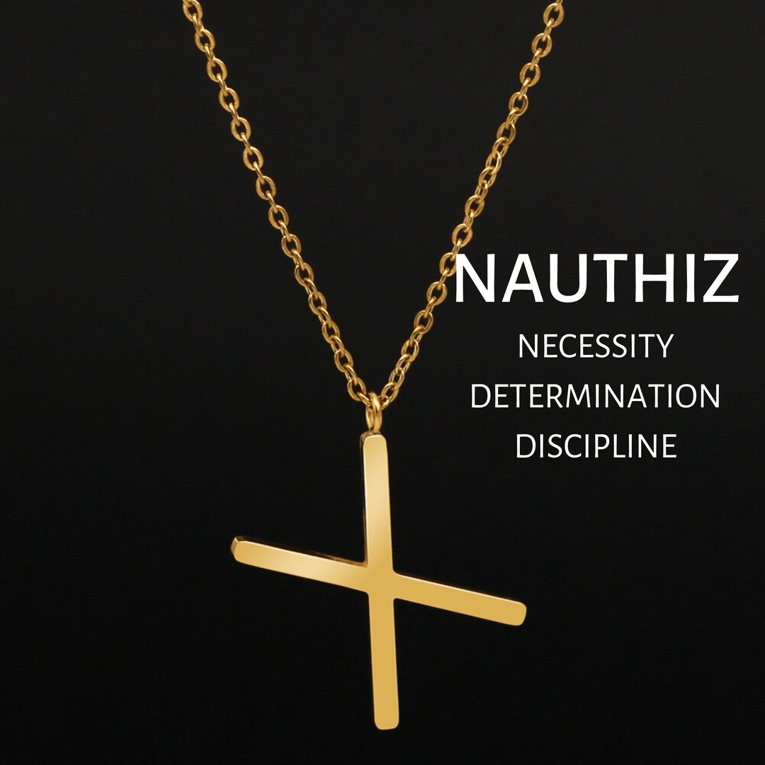 Gold NAUTHIZ rune pendant necklace with link chain and clasp