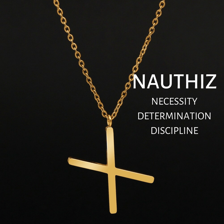 Gold NAUTHIZ rune pendant necklace with link chain and clasp