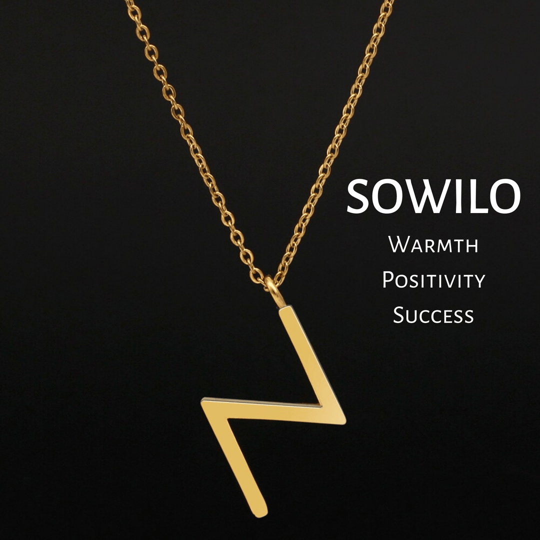 Gold-tone rune pendant necklace featuring the SOWILO symbol on a chain