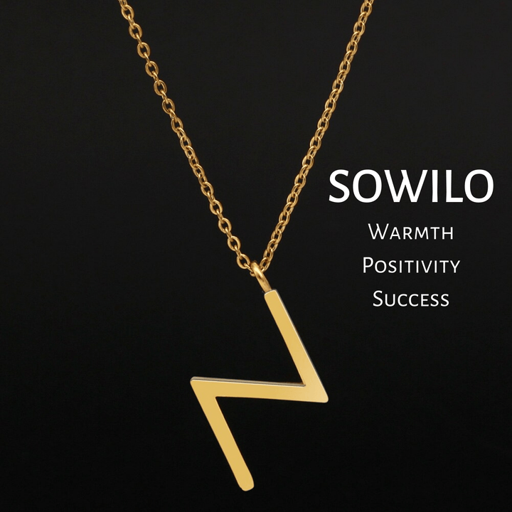 Gold-tone rune pendant necklace featuring the SOWILO symbol on a chain