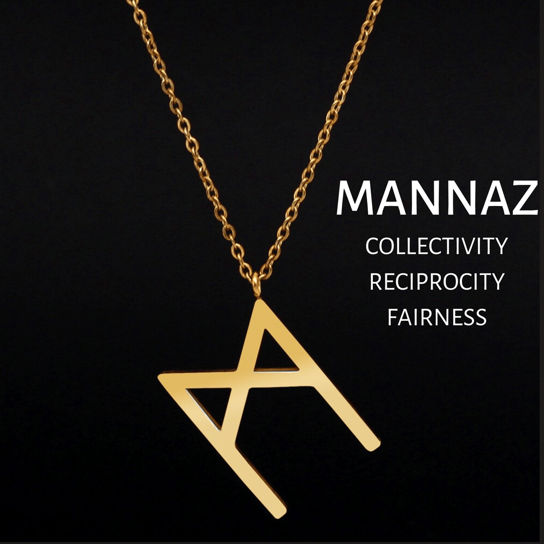 Gold MANNAZ rune pendant necklace with link chain and clasp