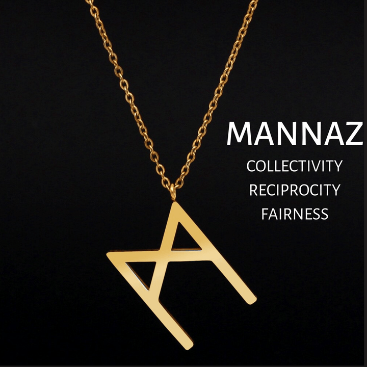 Gold MANNAZ rune pendant necklace with link chain and clasp