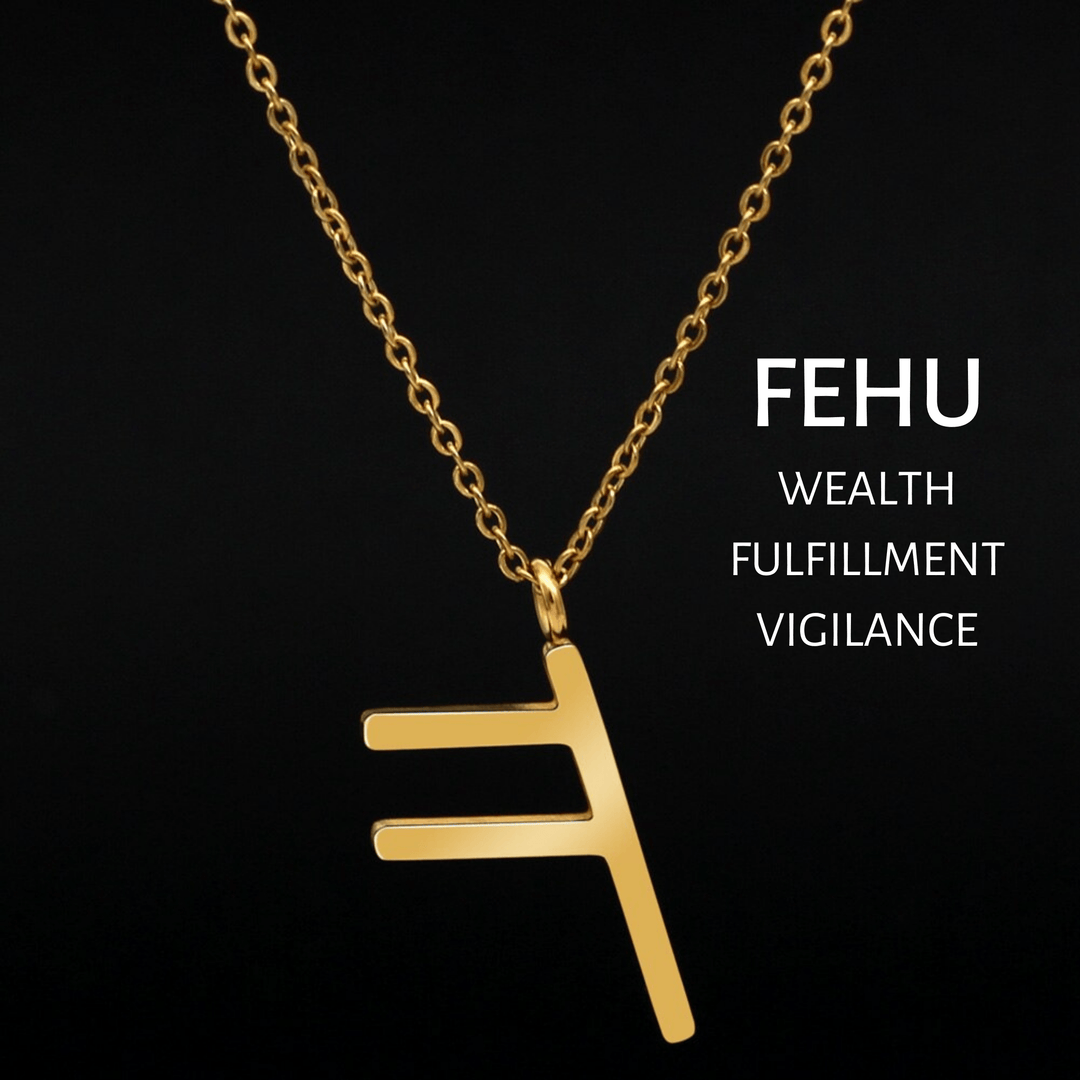 Gold-tone rune pendant necklace featuring the FEHU symbol on a chain