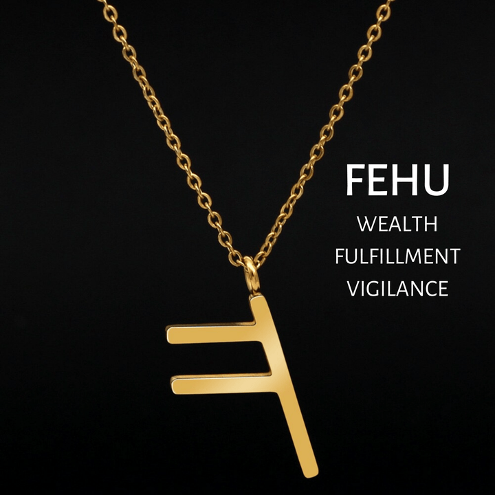 Gold-tone rune pendant necklace featuring the FEHU symbol on a chain