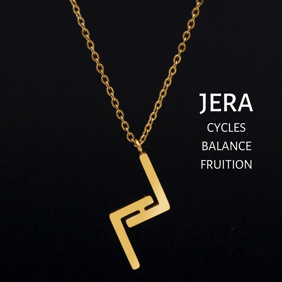 Gold rune pendant necklace with JERA symbol on a chain