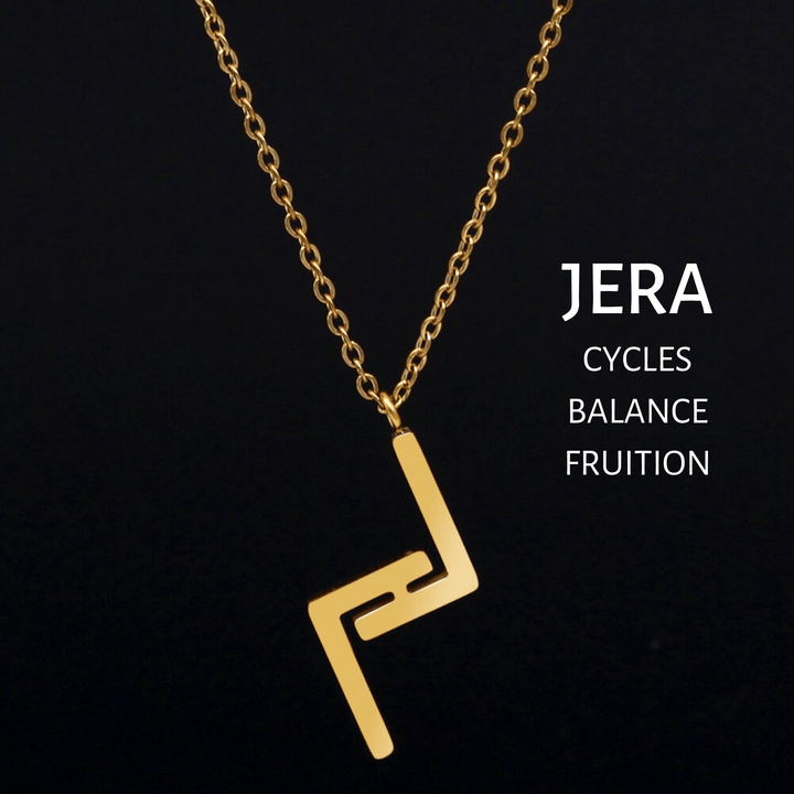 Gold rune pendant necklace with JERA symbol on a chain