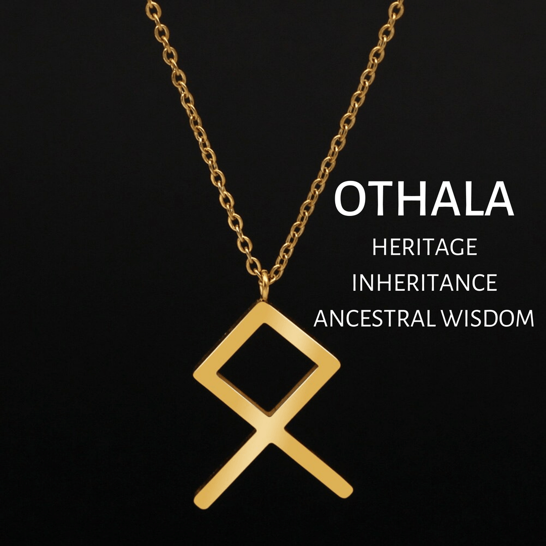 Gold rune pendant necklace with OTHALA emblem on a chain