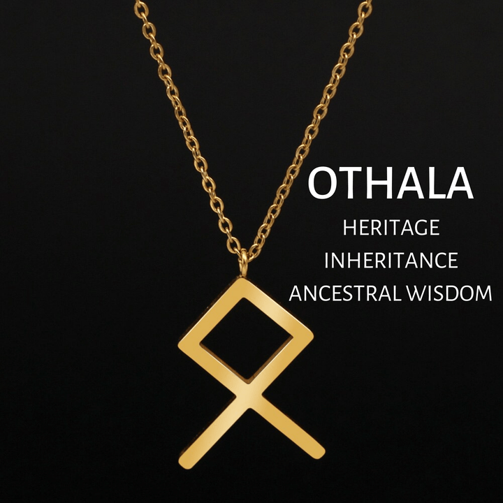 Gold rune pendant necklace with OTHALA emblem on a chain