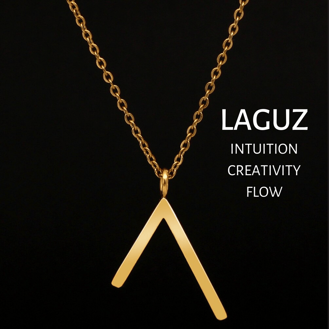 Gold rune pendant necklace with LAGUZ symbol on a chain