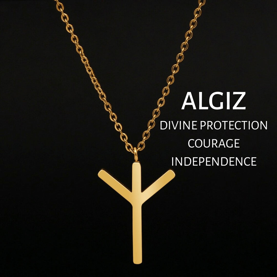 Gold rune pendant necklace with ALGIZ Y-shaped symbol on a chain