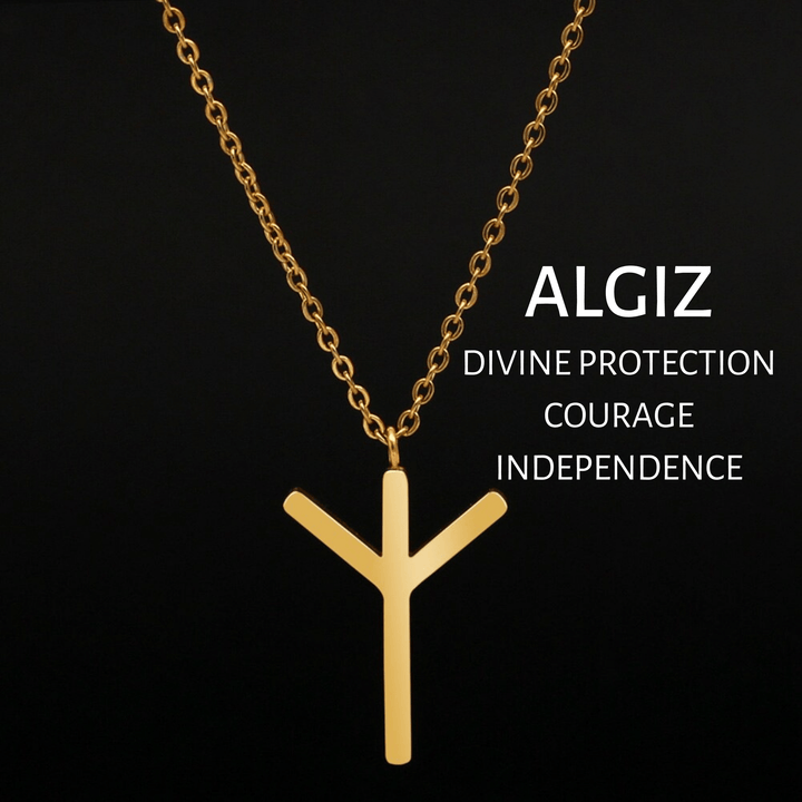 Gold rune pendant necklace with ALGIZ Y-shaped symbol on a chain
