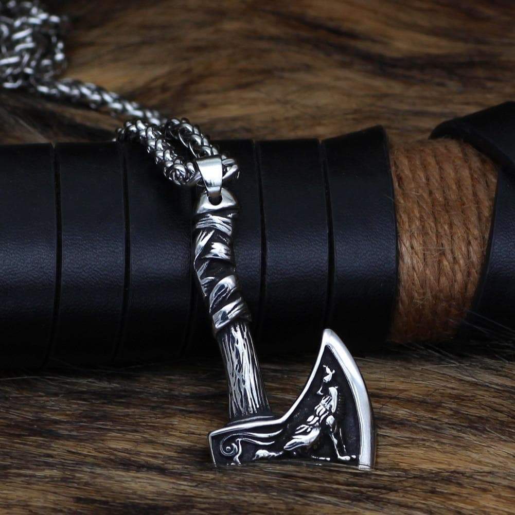 Stainless steel wolf-themed axe pendant on dark leather cord and chain