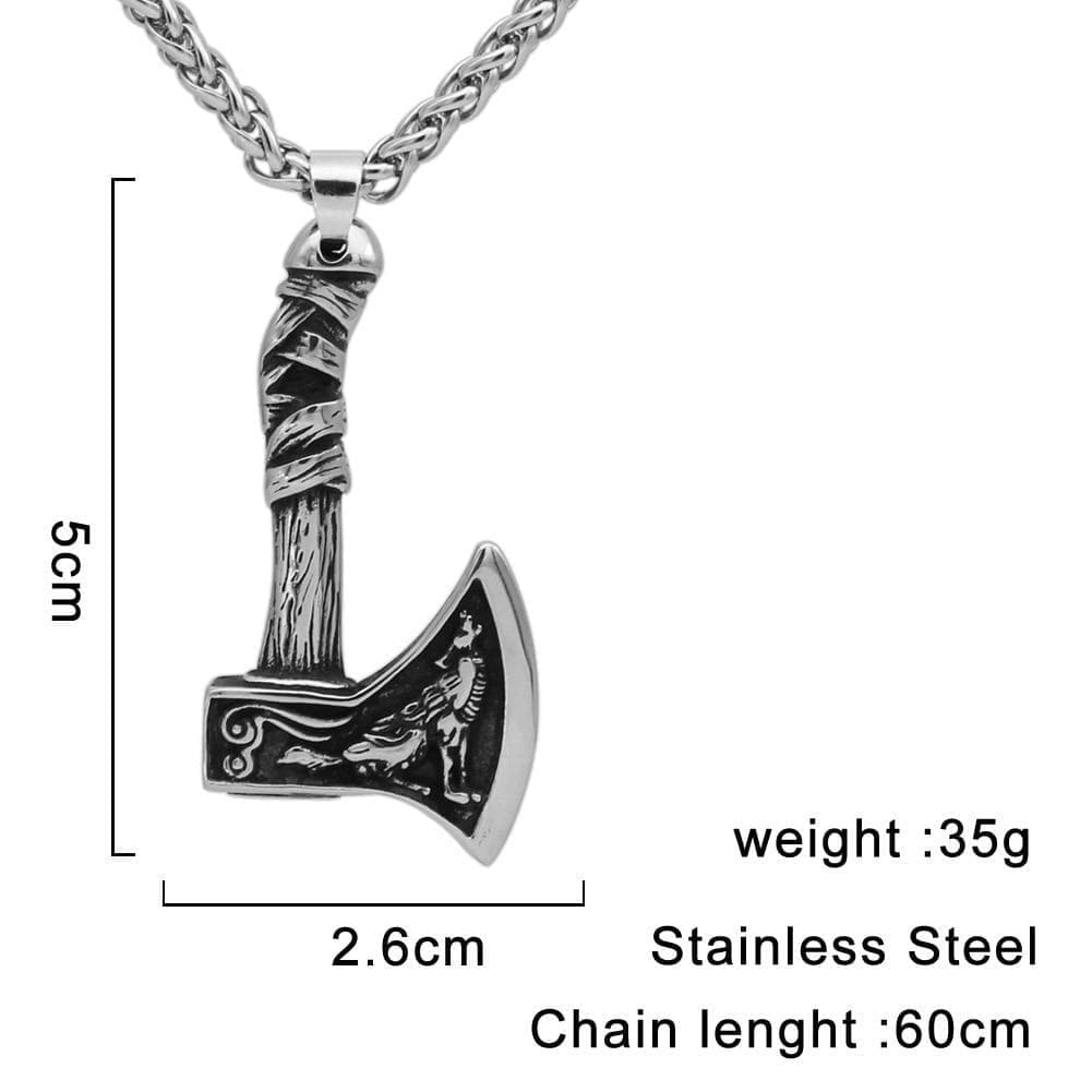 Stainless steel axe pendant necklace: 5cm pendant, 2.6cm wide, 60cm chain, 35g