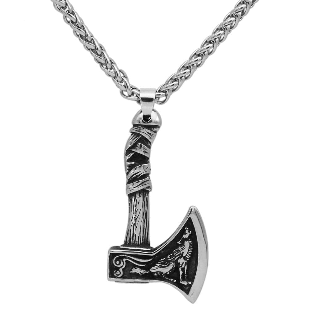Stainless steel wolf-themed axe pendant necklace with braided chain