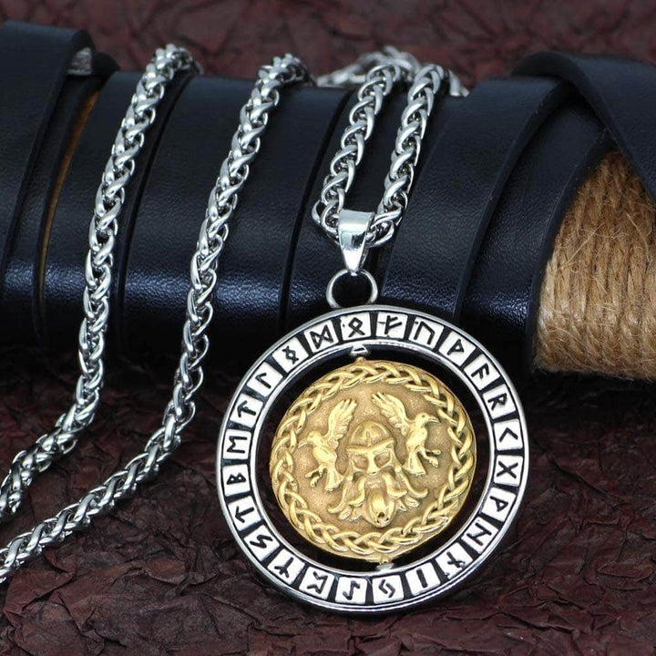 Stainless steel rune pendant necklace with gold-toned Odin coin medallion and chain