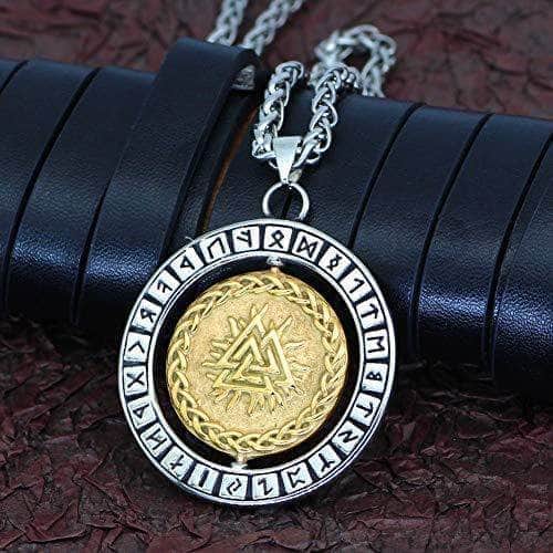 Round rune pendant necklace with braided ring design and gold-toned Odin symbol medallion