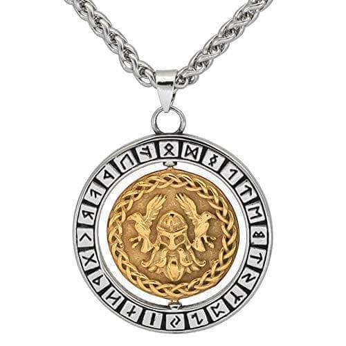 Stainless steel rune pendant necklace featuring gold-toned Odin coin medallion on chain