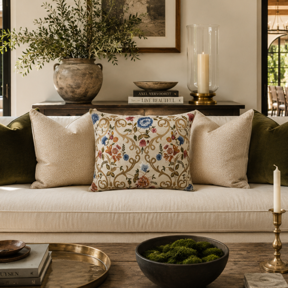 Embroidered linen throw pillow cover on a sofa; cream floral and gold scroll pattern