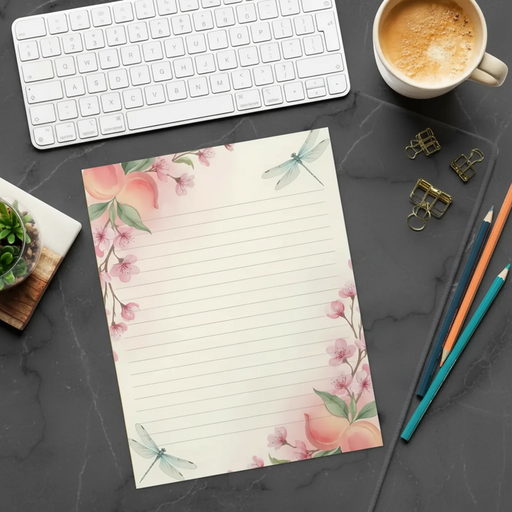 Elegant Dragonfly Ruled Notepad - Cherry Blossom Design - DipaliZ