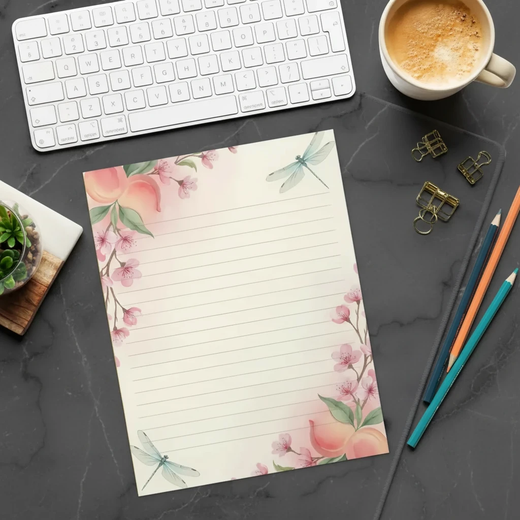 Elegant Dragonfly Ruled Notepad - Cherry Blossom Design - DipaliZ