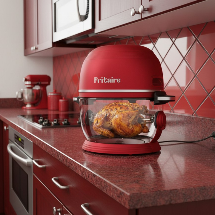 Cherry red air fryer on granite counter with clear glass bowl and side controls