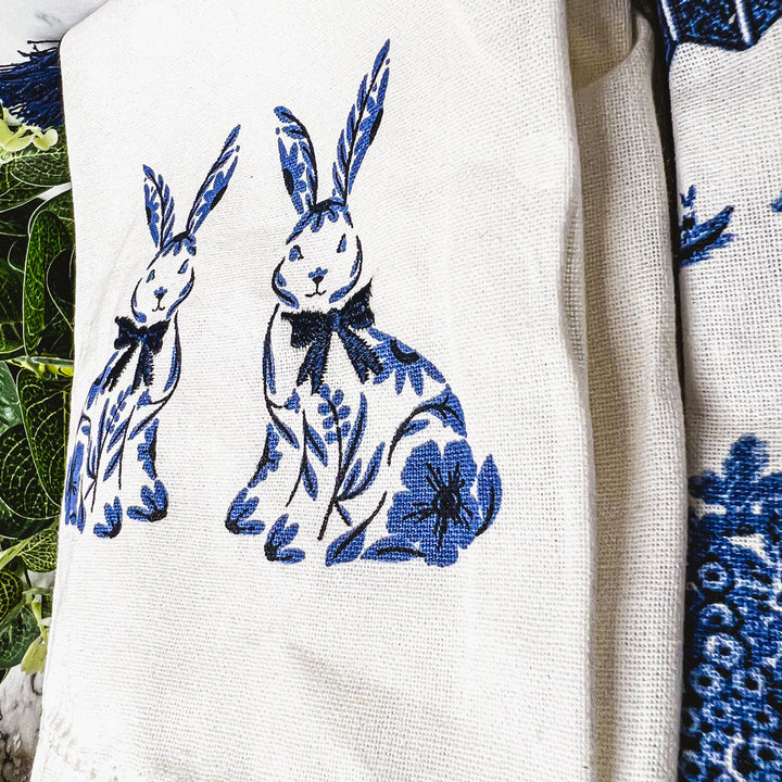 Chinoiserie Bunny Embroidered Cotton Dish Towels Oversized Tassel 17x29