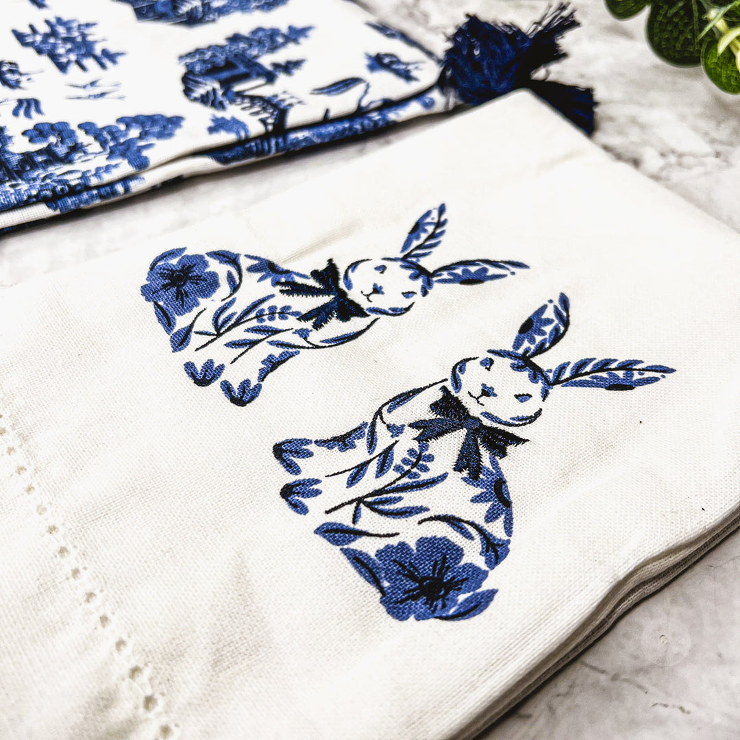 Chinoiserie Bunny Embroidered Cotton Dish Towels Oversized Tassel 17x29
