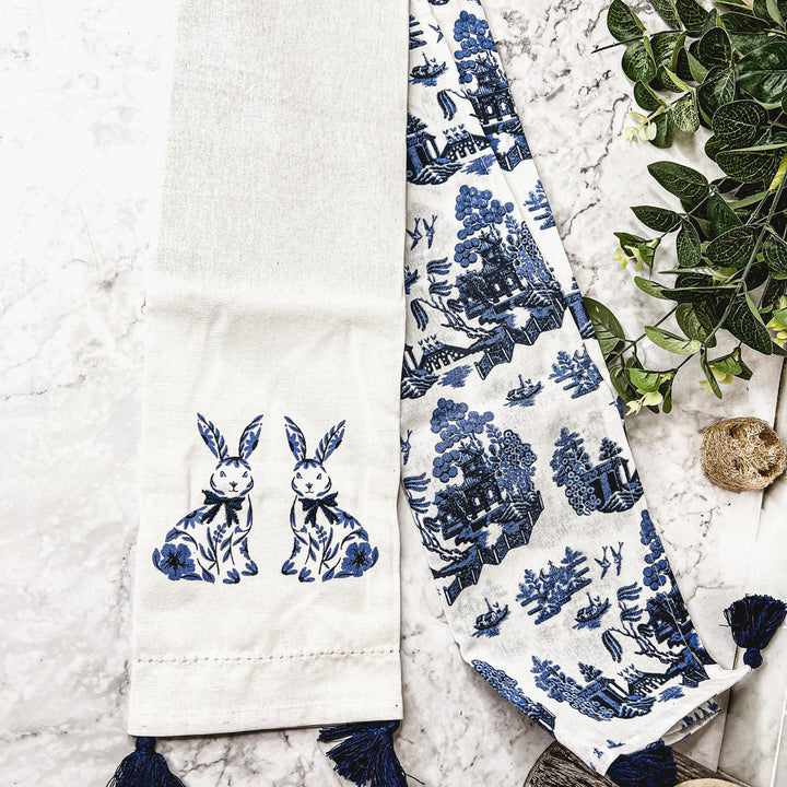 Chinoiserie Bunny Embroidered Cotton Dish Towels Oversized Tassel 17x29