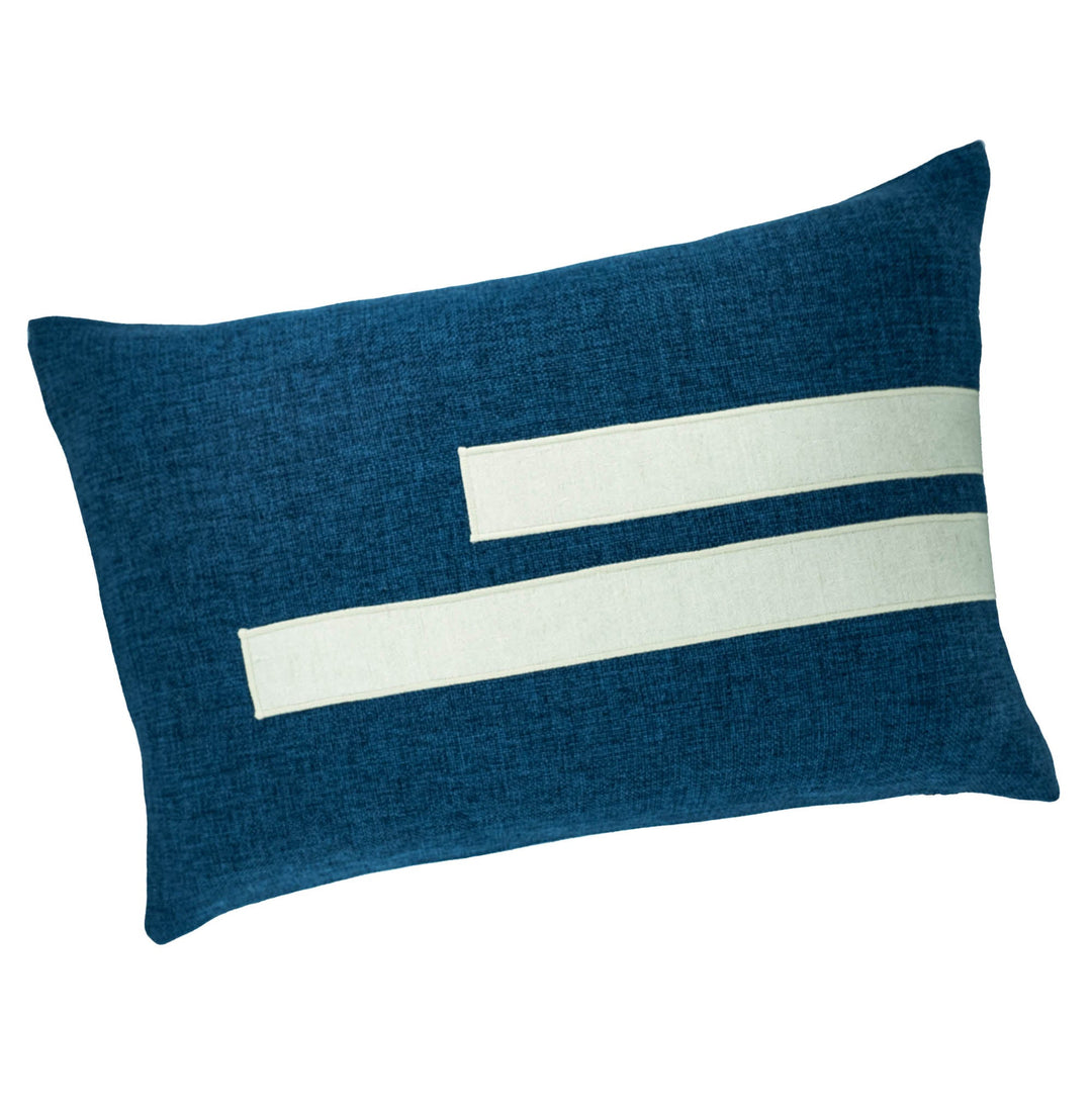 Blue throw pillow 16"x24" angled view with two white horizontal stripes