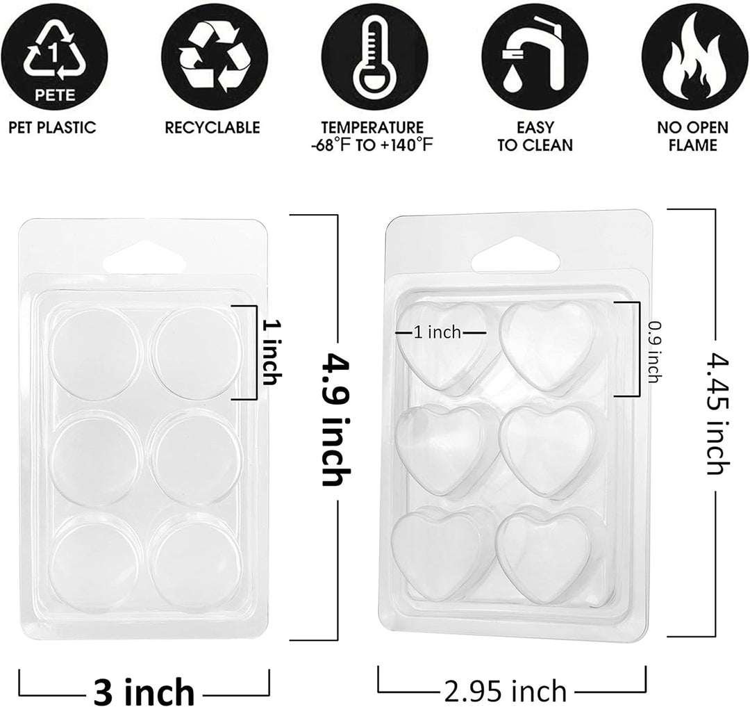 Heart-shaped wax melts in clear tray on recyclable plastic packaging with size labels