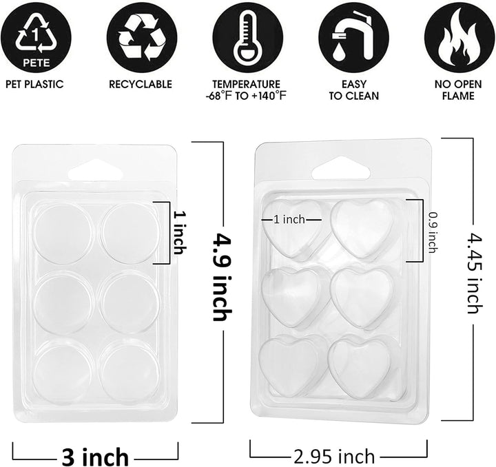 Heart-shaped wax melts in clear tray on recyclable plastic packaging with size labels
