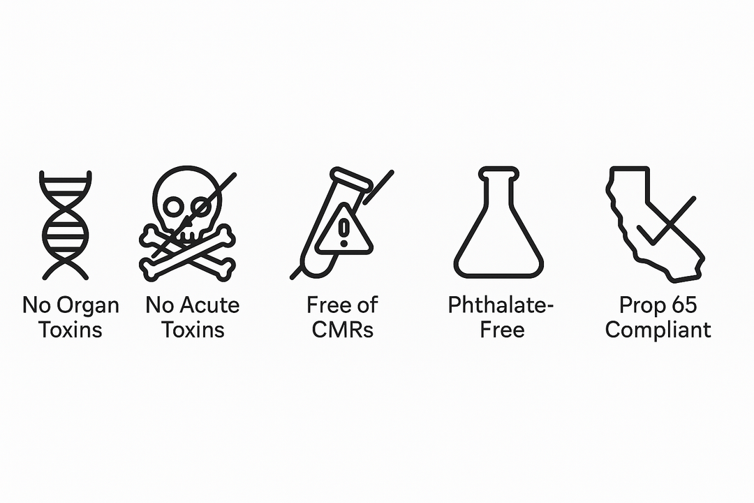 Set of regulatory and ingredient icons: no organ toxins, free CMK's, phthalate-free