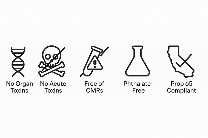 Set of regulatory and ingredient icons: no organ toxins, free CMK's, phthalate-free