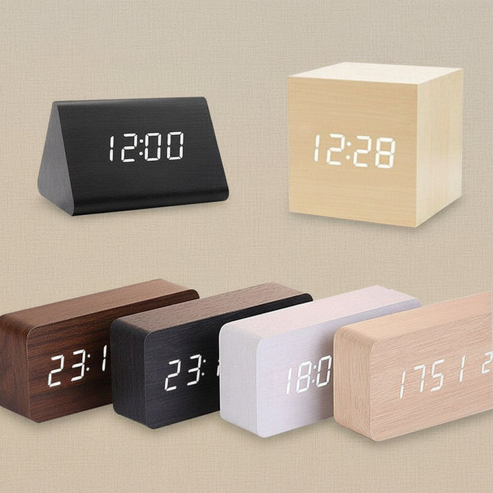 Clocks LED Wooden Alarm Clock Watch Wooden Wood Clock New Version LED Alarm Digital Desk Clock Adjustable Brightness, Alarm Time, Displays Time Date Temperature  Table Voice Control Digital Wood Electronic Desktop Table