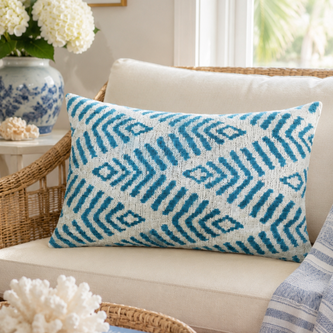 Cream ikat pillow cover with blue geometric pattern, silk velvet