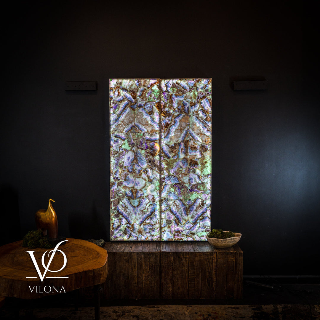 Rectangular fluorite crystal wall panel with iridescent blue, green, and purple mosaic pattern