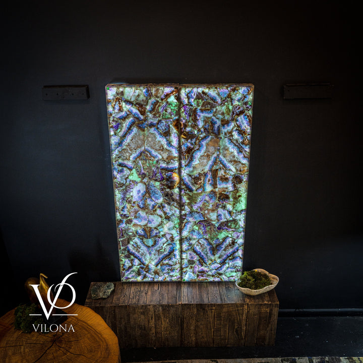 Framed fluorite crystal wall panel with sparkling blue-green-purple and warm gold patches