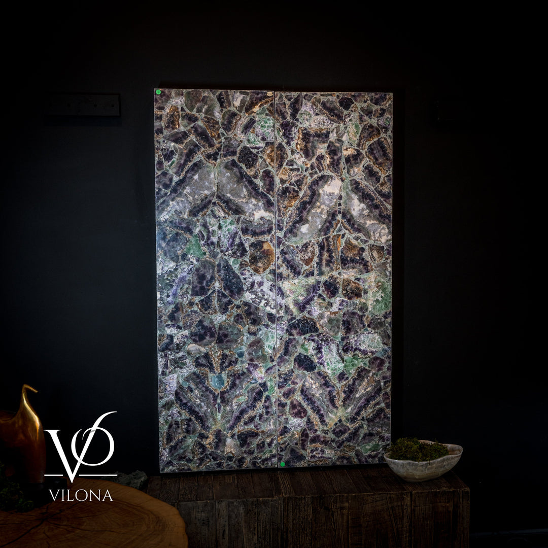 Fluorite crystal wall panel displayed as a rectangular art piece with cloudy multicolor stone