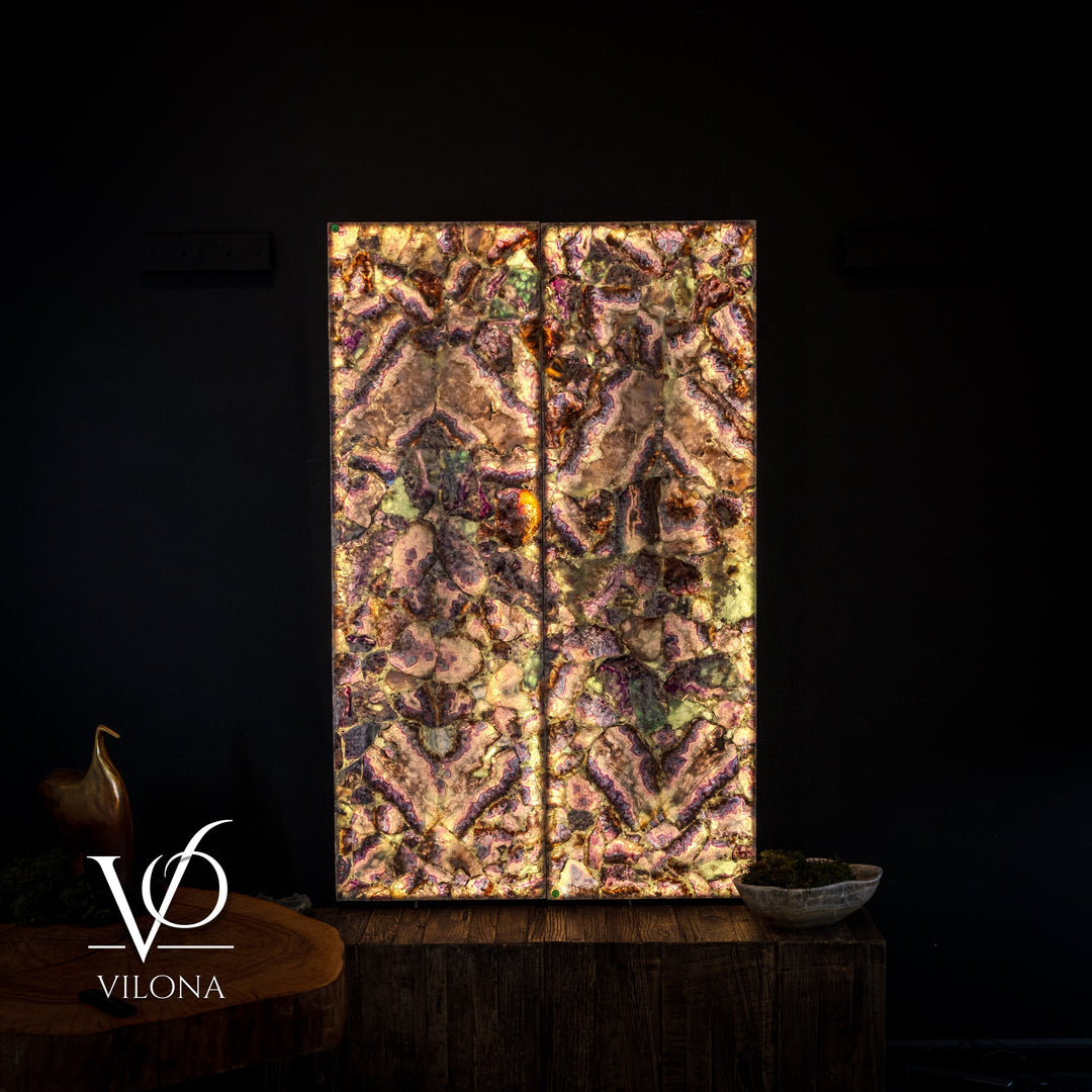 Framed fluorite crystal wall panel with warm golden-brown and purple iridescent mosaic