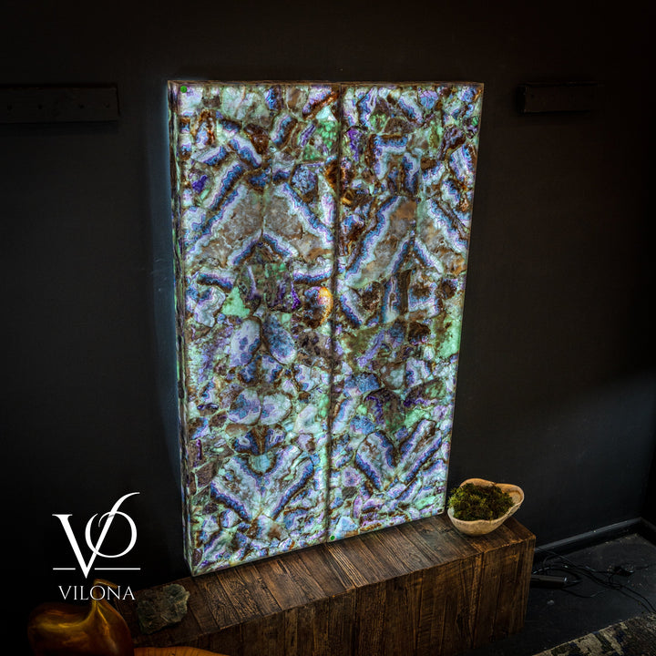 Rectangular fluorite crystal wall panel with iridescent blue-green and purple vein-like mosaics