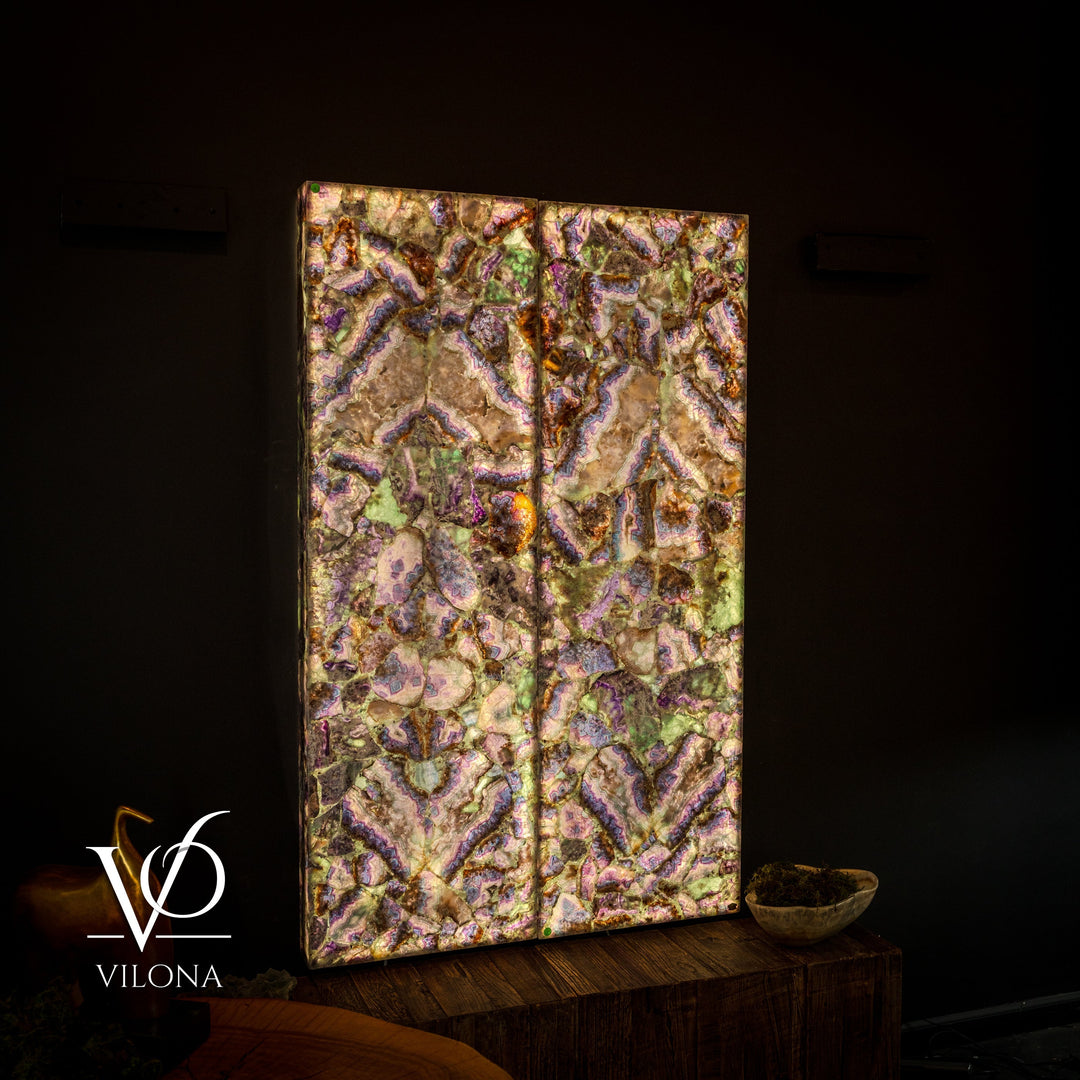 Framed fluorite crystal wall panel with multicolor iridescent mosaic in gold, purple, and green