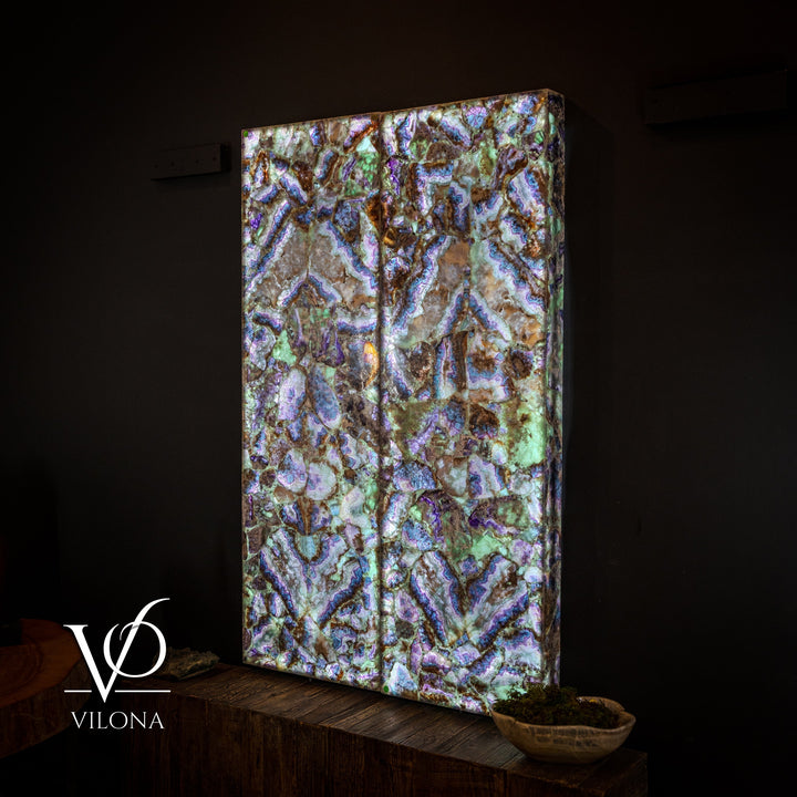 Framed fluorite crystal wall panel with vibrant blue-green-purple mosaic texture